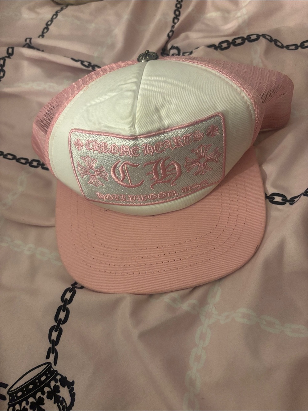 Pink & White Kids Trucker Hat - CH Embroidered Patch